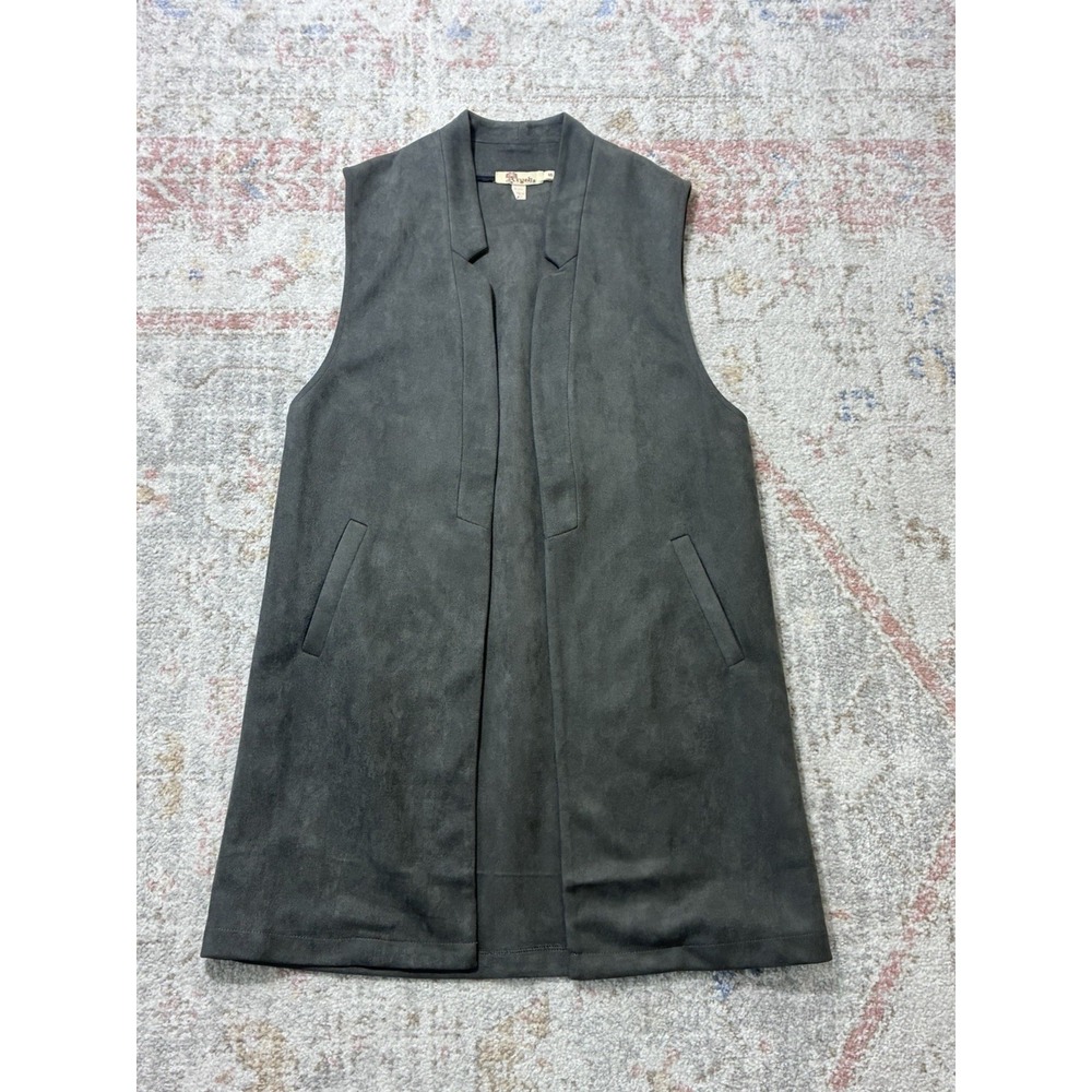 Aryeh Gray Faux Suede Open Front Longline Vest Duster Pockets Size S